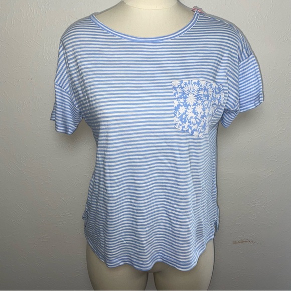 Vineyard Vines XS Hydrangea Blue Striped Cotton‎ Tee w/ Floral Pocket - Picture 2 of 8